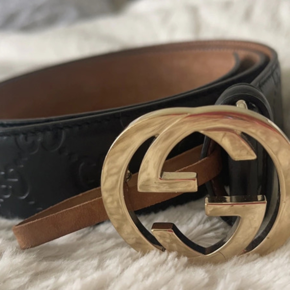 Gucci GG Buckle Black Shiny Imprime Interlinking Belt size105